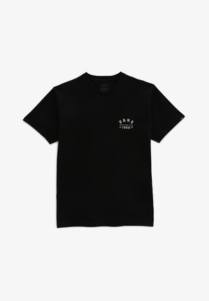 Zwart Vans T-shirt met korte mouwen en witte tekst "VANS Tried and True CA 1966 NY" op de linkerborst.