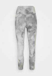 Hooggetailleerde legging tot op de enkels met een grijs-wit wazig tie-dye patroon, afgebeeld tegen een witte achtergrond.