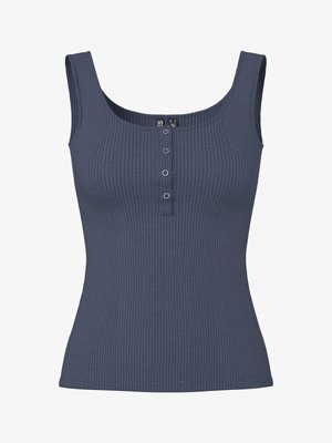 Hõlmikuta soonikkoes tumesinine maillot kaelusega ja nelja väikese hõbedase nupuga eest keskel.