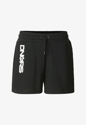 Schwarze Freizeit-Shorts mit elastischem Bund und Kordelzug, mit weißem, vertikalem, fettem "DNGRS"-Text am linken Bein.