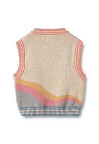 Maglione senza maniche lavorato a maglia color beige con motivi a onde in rosa, giallo e blu. Presenta un colletto e un orlo a costine in colori contrastanti.