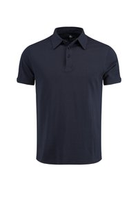 Navyblaues Poloshirt aus Baumwolle, mit einer Knopfleiste mit zwei Knöpfen, kurzen Ärmeln und einem dezenten gestickten Logo auf der Brust.