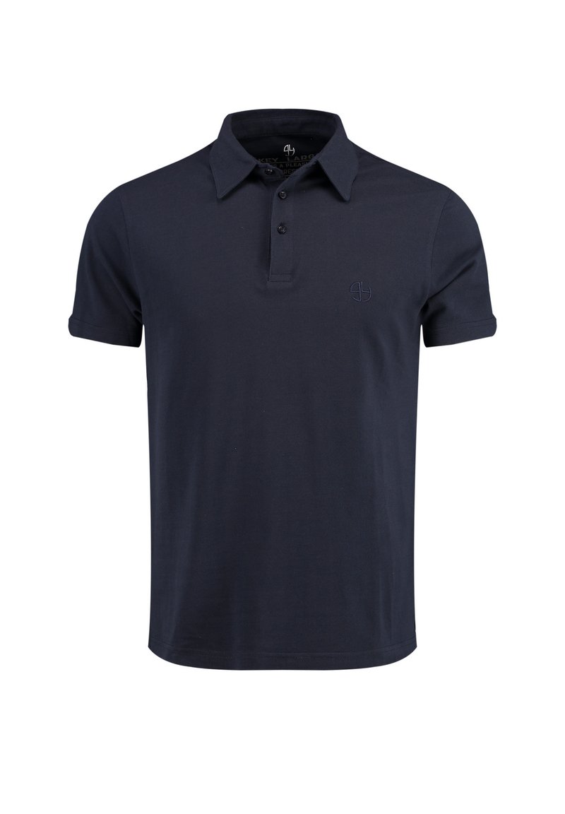 Navyblaues Poloshirt aus Baumwolle, mit einer Knopfleiste mit zwei Knöpfen, kurzen Ärmeln und einem dezenten gestickten Logo auf der Brust.