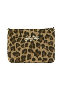 Ritszak met luipaardprint van zacht stof, voorzien van een zwarte rits en een wit, geperst logo "MC2 Saint Barth." Rechthoekige vorm.