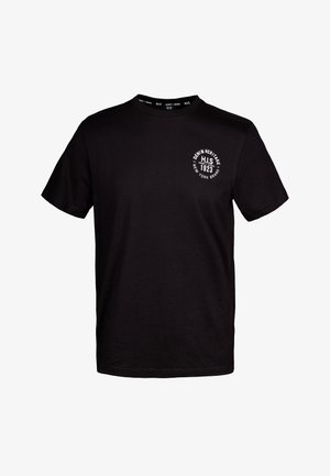 T-shirt nera in cotone con maniche corte. Presenta un logo circolare bianco sulla parte sinistra del petto. Design classico a girocollo.