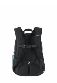 Sac à dos noir en matière texturée, dos rembourré, bretelles ajustables et poche latérale. Présente un logo en haut à gauche.