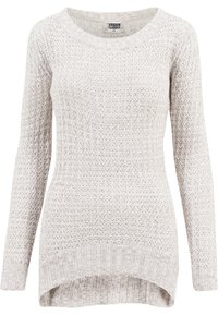 Pull en tricot gris clair avec un motif texturé, manches longues et encolure dégagée. Présente un ourlet côtelé et une coupe décontractée.