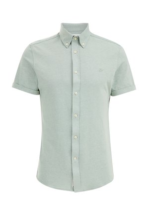 Camisa de manga corta, con cuello, en suave verde de mezcla de algodón, con botones blancos y un pequeño logo bordado en el pecho.