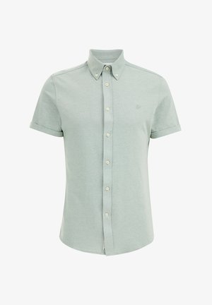Kurzärmliges, kragenloses Hemd aus hellgrünem Baumwollmix, mit weißen Knöpfen und einem kleinen gestickten Logo auf der Brust.