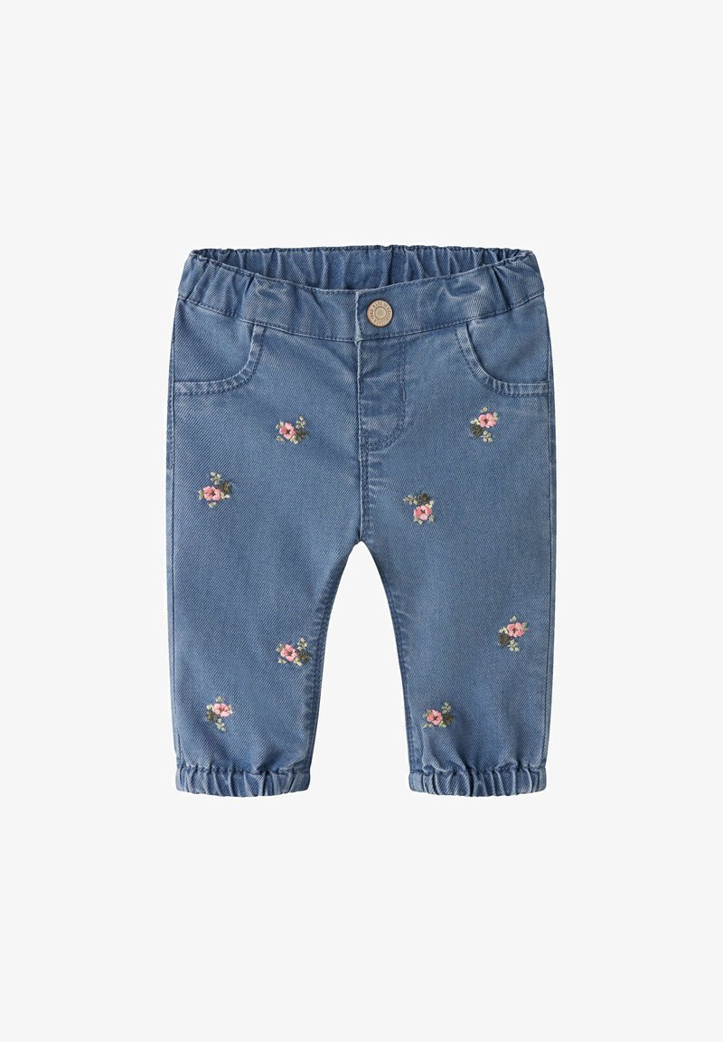 Denimo kelnės su elastingu juosmeniu, dekoruotos gėlių siuvinėjimu, su trumpais, surišamais kulkšnais. Klasikinė mėlyna spalva ir penkių kišenių dizainas.