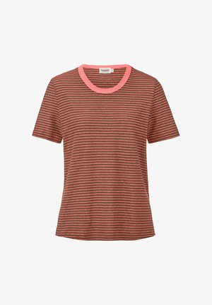 Kurzarm-T-Shirt mit braunem und pinkem Streifenmuster, ausgestattet mit einem runden pinken Ausschnitt und einer weichen, glatten Textur.