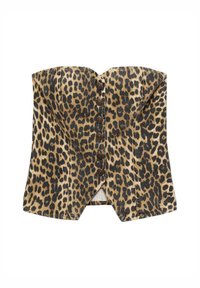 Top senza spalline in stampa leopardata realizzato in tessuto testurizzato, con chiusura frontale a bottoni e silhouette aderente con orlo a punta.