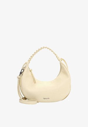 Krēmkrāsas pusmēness formas soma ar pīnētu augšējo rokturi, noņemamu plecu siksnu, rāvējslēdzēja aizdari un mazu metāla zīmola logotipu priekšpusē.