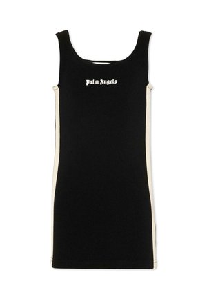 Sort ærmeløs kjole med hvide sidepaneler og "Palm Angels" logo centreret på brystet i hvid gotisk skrifttype.