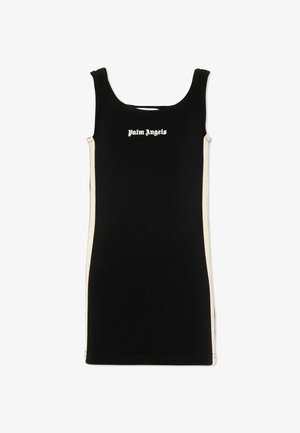 Robe noire sans manches avec des panneaux latéraux blancs et le logo "Palm Angels" centré sur la poitrine en police gothique blanche.