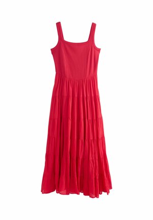 Red sleeveless maxi dress with square neckline and tiered, flowing skirt.