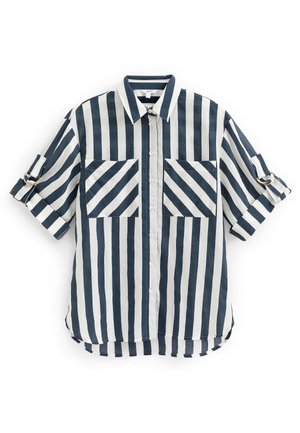 Kortærmet skjorte med knapper, med sorte og hvide lodrette striber og diagonale striped brystlommer, med op-rullede ærmer med spærrer.