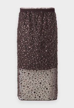 Pruun sequinsidega seelik, millel on läbipaistev alumine osa ja elastne vöökoht, ning mis esitleb tekstuurset lillemustrit.