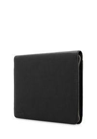 Black leather laptop sleeve with a smooth texture, rectangular shape, and silver zipper detail along the edge. Minimalist design and branding.