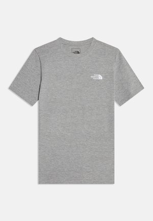 Grijze korte mouw T-shirt met een ronde hals en het The North Face-logo in het wit op de linker bovenborst.