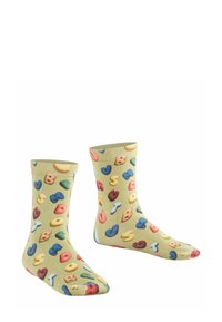 Skarpety do kolan wykonane z mieszanki bawełny, z jasnoniebieskim tłem i kolorowymi, fantazyjnymi wzorami emoji jedzenia.