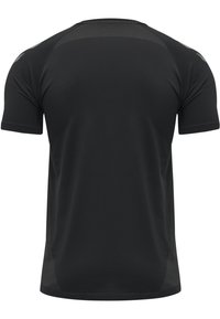 Sort kortærmet sportstrøje lavet af glat materiale, med mesh-paneler på skuldrene for åndbarhed og en tætsiddende pasform.