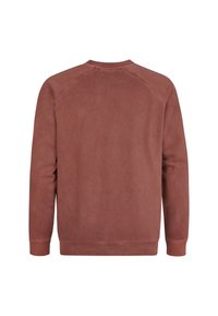 Sweat-shirt simple couleur rouille à manches longues avec col rond et poignets côtelés, montré de dos sur fond blanc.