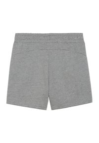Pantaloni corti grigi con elastico in vita, vestibilità casual, realizzati in tessuto morbido, con superficie liscia e senza tasche visibili o motivi.