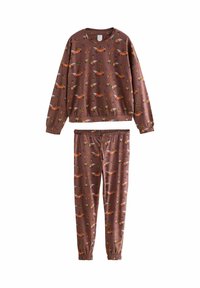 Brown cotton loungewear set featuring a crewneck pullover and elastic-waist pants. Both pieces have a multicolored animal and foliage pattern.