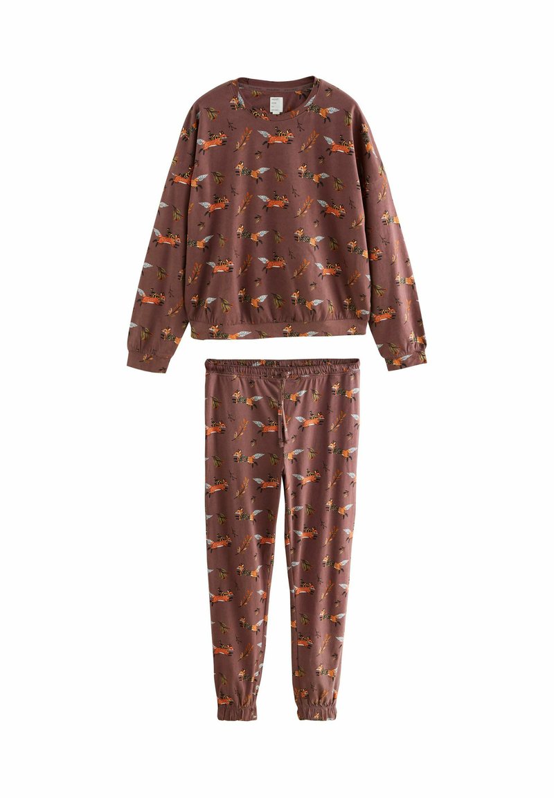 Brown cotton loungewear set featuring a crewneck pullover and elastic-waist pants. Both pieces have a multicolored animal and foliage pattern.