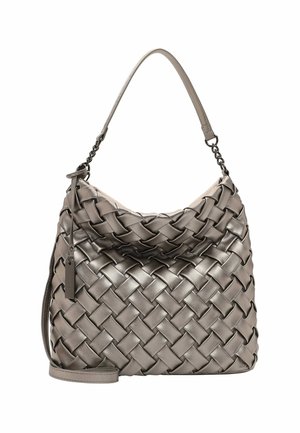 Grey leather handbag with woven pattern, top handle combined with chain detail, and detachable shoulder strap.