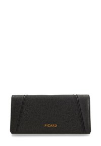 Black leather wallet with a textured finish, featuring angled accents and a gold "PICARD" logo on the front. Rectangular shape.