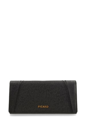 Black leather wallet with a textured finish, featuring angled accents and a gold "PICARD" logo on the front. Rectangular shape.