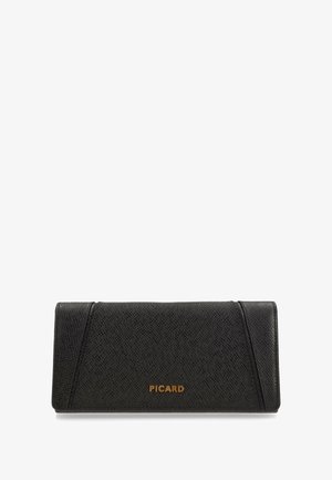Black leather wallet with a textured finish, featuring angled accents and a gold "PICARD" logo on the front. Rectangular shape.