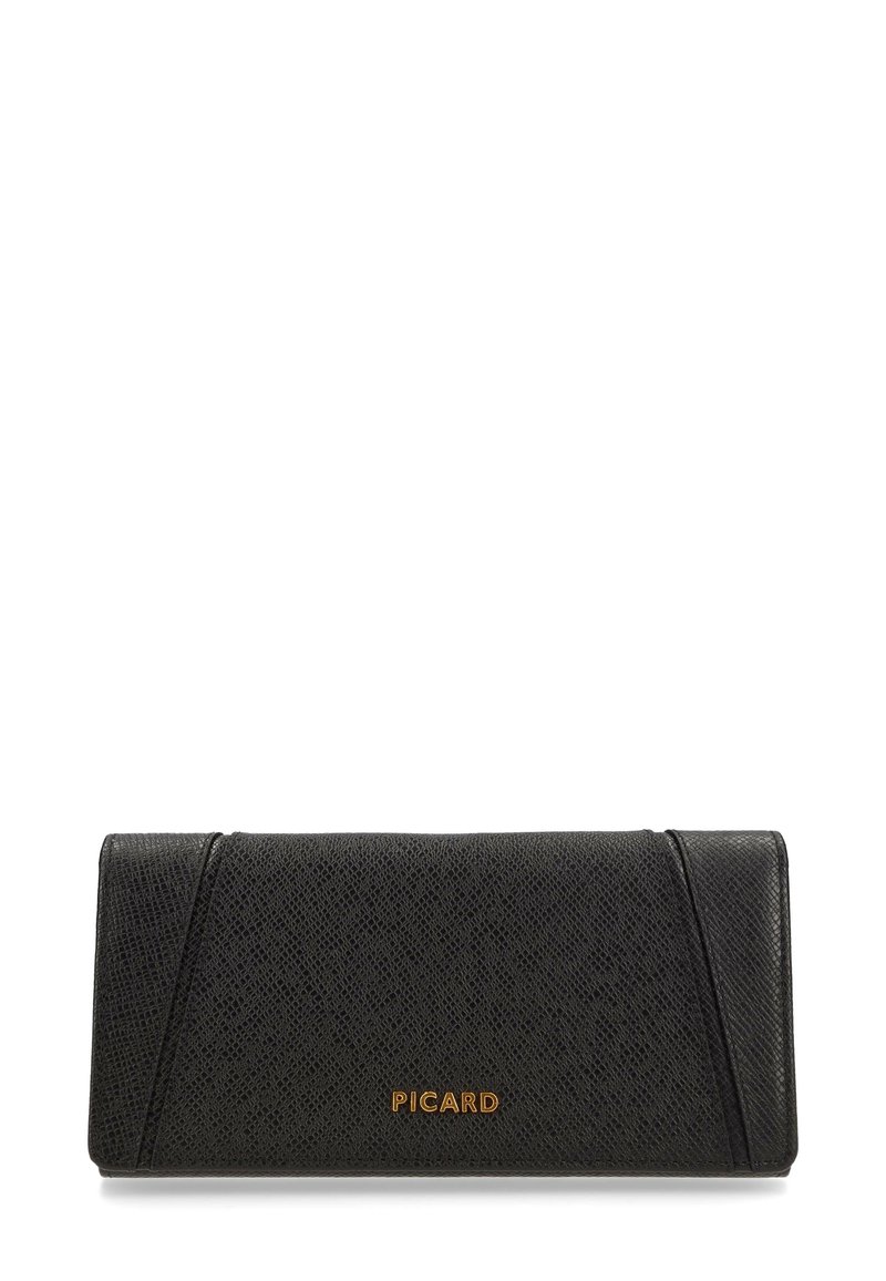 Black leather wallet with a textured finish, featuring angled accents and a gold "PICARD" logo on the front. Rectangular shape.