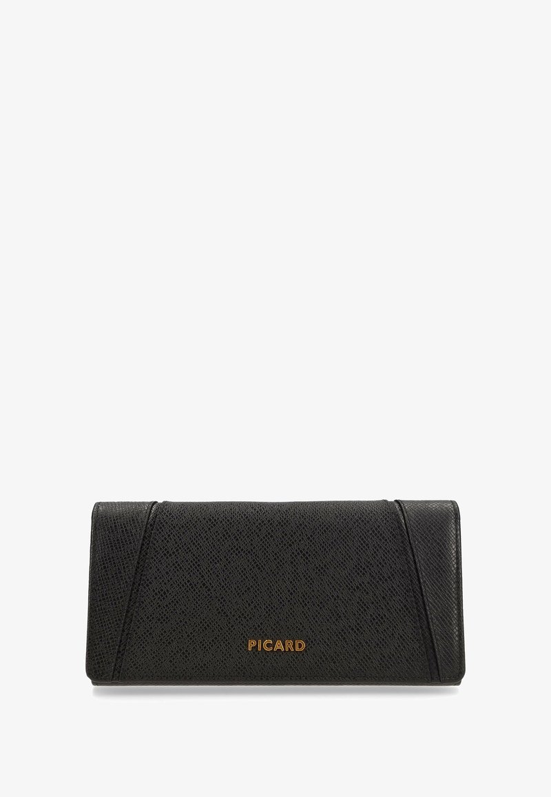 Black leather wallet with a textured finish, featuring angled accents and a gold "PICARD" logo on the front. Rectangular shape.