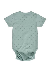 Kortärmad babybodysuit i mjuk mintgrön bomull, med ett subtilt mönster av små mörkblå former och med rynkad detalj i botten.