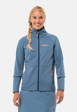 Blue softshell jacket with a high collar, zippered pockets, and contrasting orange zipper details. Durable fabric with a textured finish.