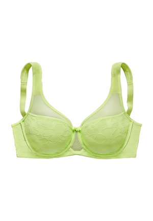Helle grüne Mesh-BH mit floralem Muster, unterwassert und Unterstützung, verstellbaren Trägern und einem Frontverschluss. Glatte Textur und nahtloses Design.