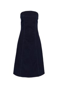Dark denim strapless dress, fitted bodice, flared A-line skirt, smooth texture, unembellished, knee-length with stitched seams.