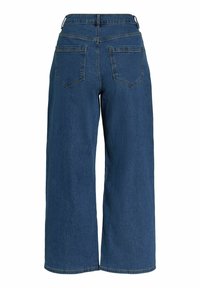 Pantalones de mezclilla azules de pierna ancha con cintura alta, bolsillos traseros y dobladillo limpio. El material tiene una textura resistente con costuras visibles.