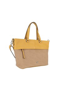 Borsa tote in pelle e tela, con una parte superiore gialla, una parte inferiore in tessuto beige, doppi manici e una tracolla regolabile.