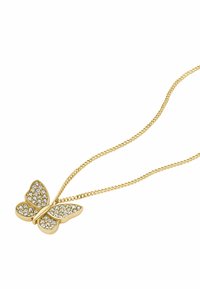 Collier pendentif en or en forme de papillon avec des strass clairs scintillants, doté d'une chaîne texturée. Le papillon présente des motifs de ailes détaillés.