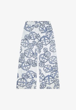 Pantalons larges à motifs bleus et blancs avec un motif répété de formes circulaires et d'étoiles, dotés d'une taille élastique et d'un tissu léger.