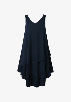 Abito senza maniche blu navy a strati con scollo a V e orlo arricciato, progettato con una silhouette asimmetrica e fluida.