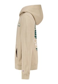 Sudadera beige con bolsillo canguro, gran texto gráfico verde en la parte delantera, capucha con cordones y puños de canalé. Textura de tela suave.