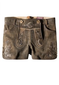 Braune Lederhosen mit dekorativer Stickerei von Rehen und floralen Mustern, ausgestattet mit vorderen Taschen und seitlichen Schnürdetails.