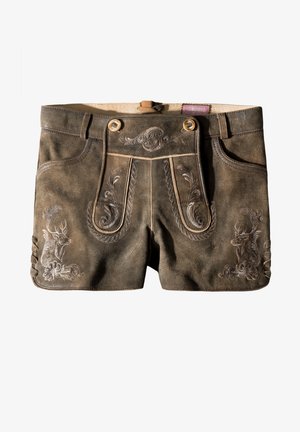 Braune Lederhosen mit dekorativer Stickerei von Rehen und floralen Mustern, ausgestattet mit vorderen Taschen und seitlichen Schnürdetails.