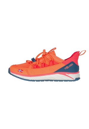 Bright orange and navy kids' sneaker with elastic laces, Norwegian flag detail, white sole, and "Trollkids" branding on the heel.