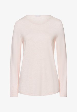 Lange mouwen shirt in lichtroze stof, met een ronde halslijn, zachte textuur en een relaxte pasvorm met aansluitende manchetten bij de polsen.